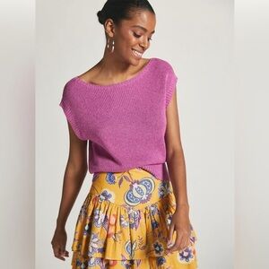 Maeve Ribbed Short-Sleeve Knit Top in Magenta